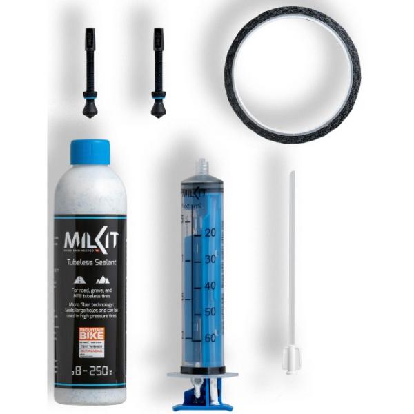 milKit Reifendichtmittel TL Conversion Kit 45-35 45mm Ventile 35mm Felgenband &agrave; 10m  Schwarz, Weiss, Blau 250 ml