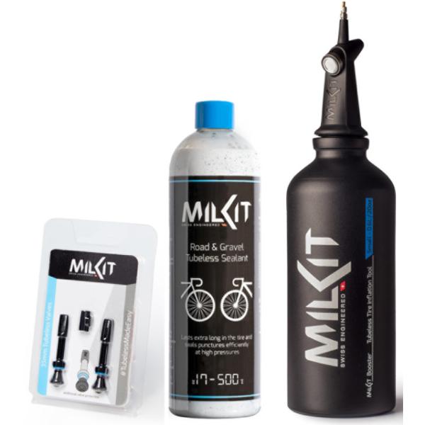 milKit Road/Gravel TL Set 35mm Ventile 500ml Road Dichtmilch 0.6l Tire Booster  Weiss, Blau 500 ml